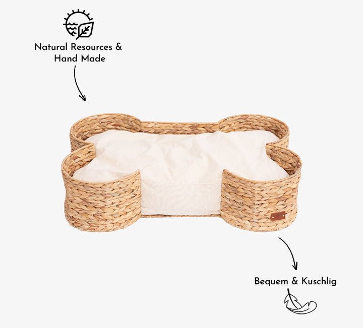 Natürliches, geflochtenes Hundebett aus Wasserhyazinthe in Knochenform mit Kissen