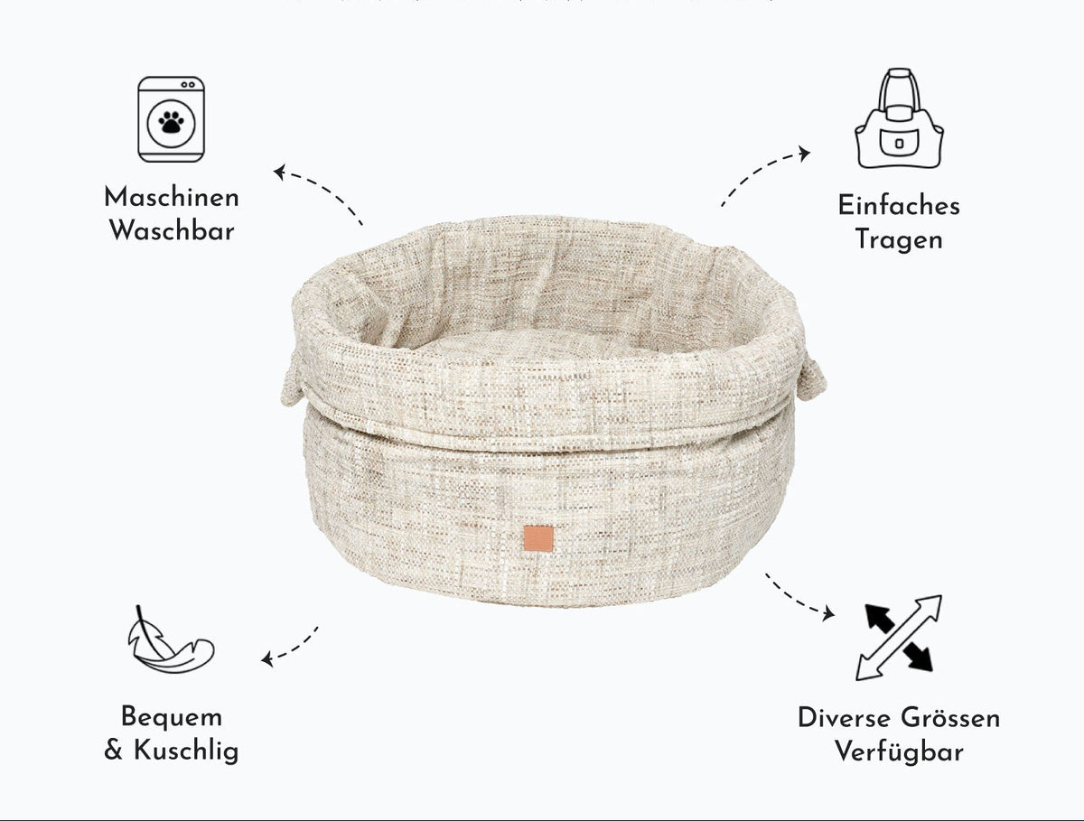 Panier rond en chenille pour chien avec bord replié et anses latérales