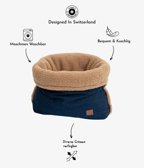 Gemütlicher Hundeschlafsack aus blauem Jeansstoff mit Teddyfleece-Futter