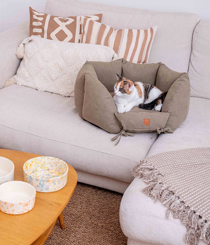 Dusky Pink Linen Dog Bed with Soft Memory Foam Filling