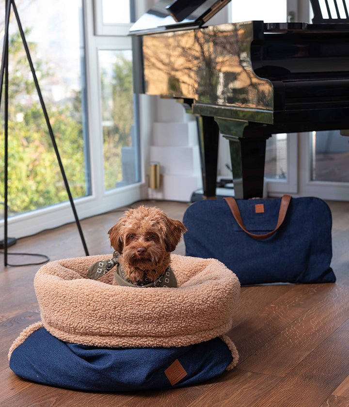 Cozy Blue Denim Dog Sleeping Bag with Teddy Fleece Lining