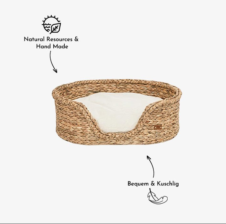 Panier pour animaux en jacinthe d'eau tressée naturelle avec coussin crème doux