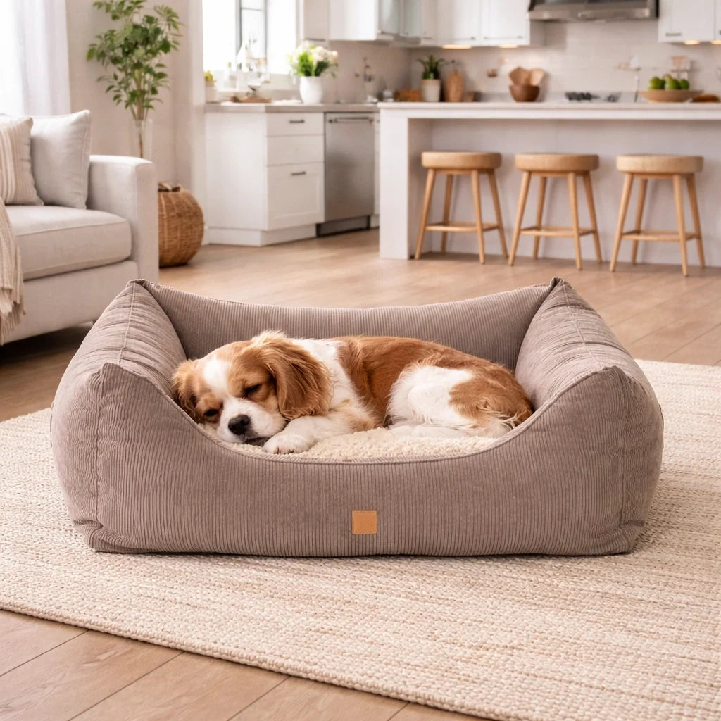 Corduroy Bolster Dog Bed with Reversible Cushion and Memory Foam