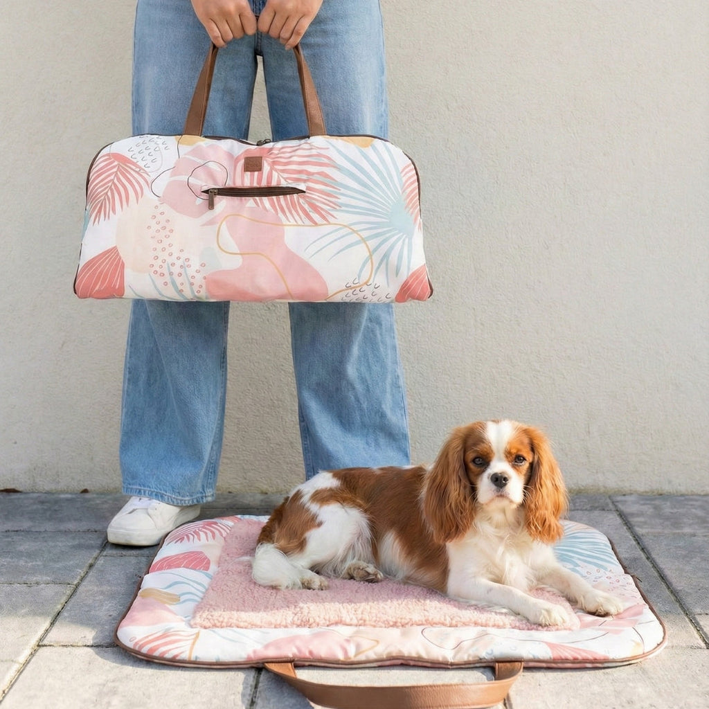 Tappetino da viaggio pieghevole per cani in tela stampata color pastello con fodera in peluche