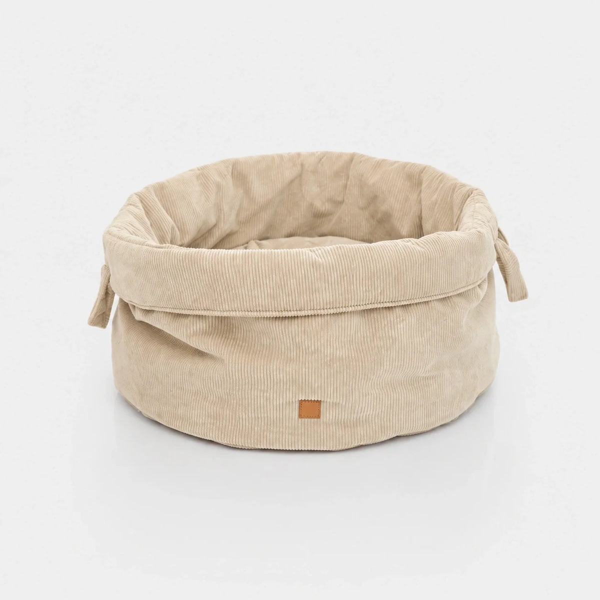 Panier rond en velours côtelé pour animaux avec coussin réversible et poignées latérales