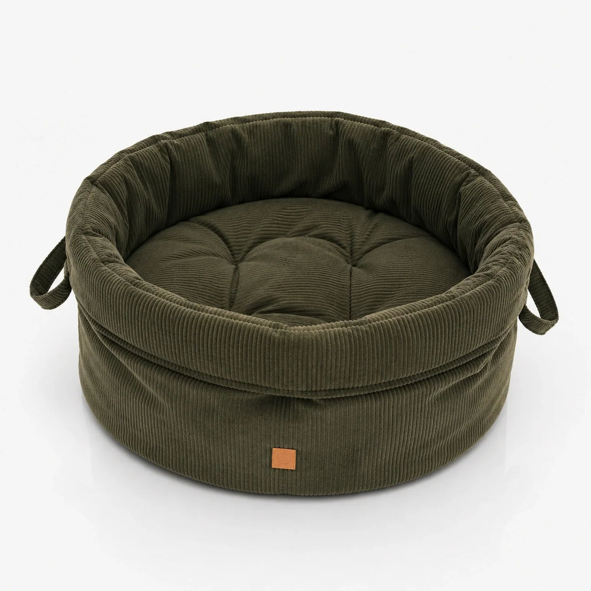 Panier rond en velours côtelé pour animaux avec coussin réversible et poignées latérales