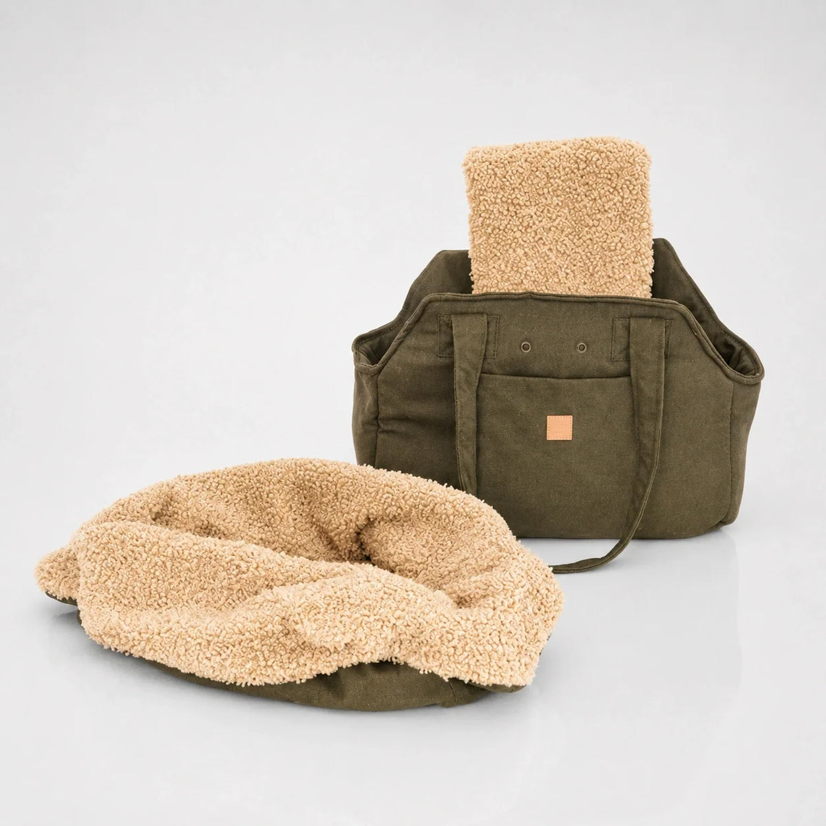 Borsa da trasporto per cani in tela con fodera in peluche e base rinforzata