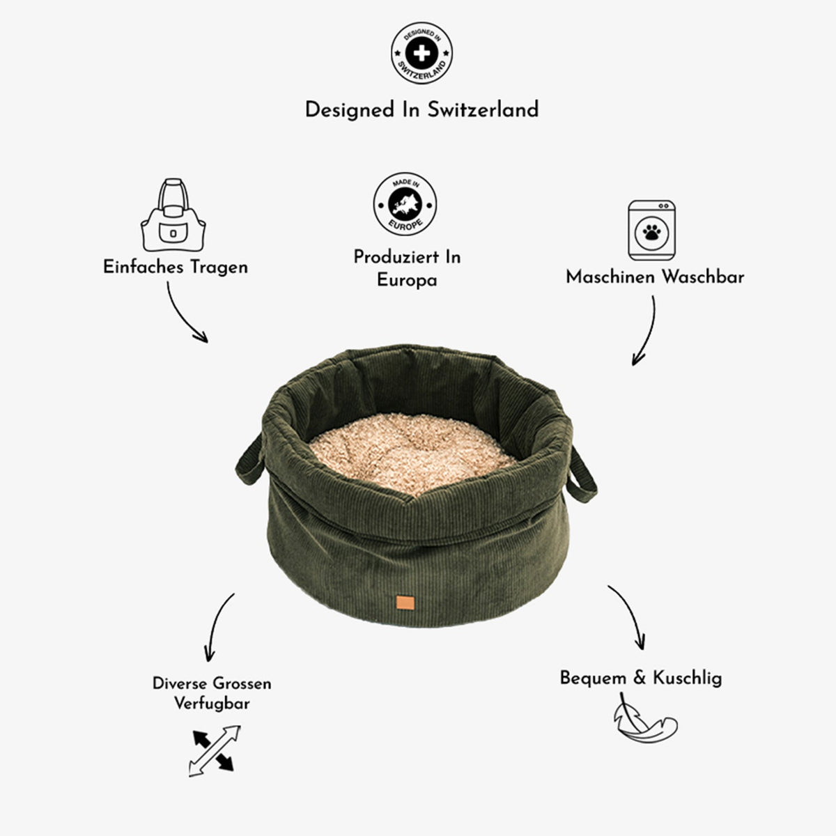 Panier rond en velours côtelé pour animaux avec coussin réversible et poignées latérales