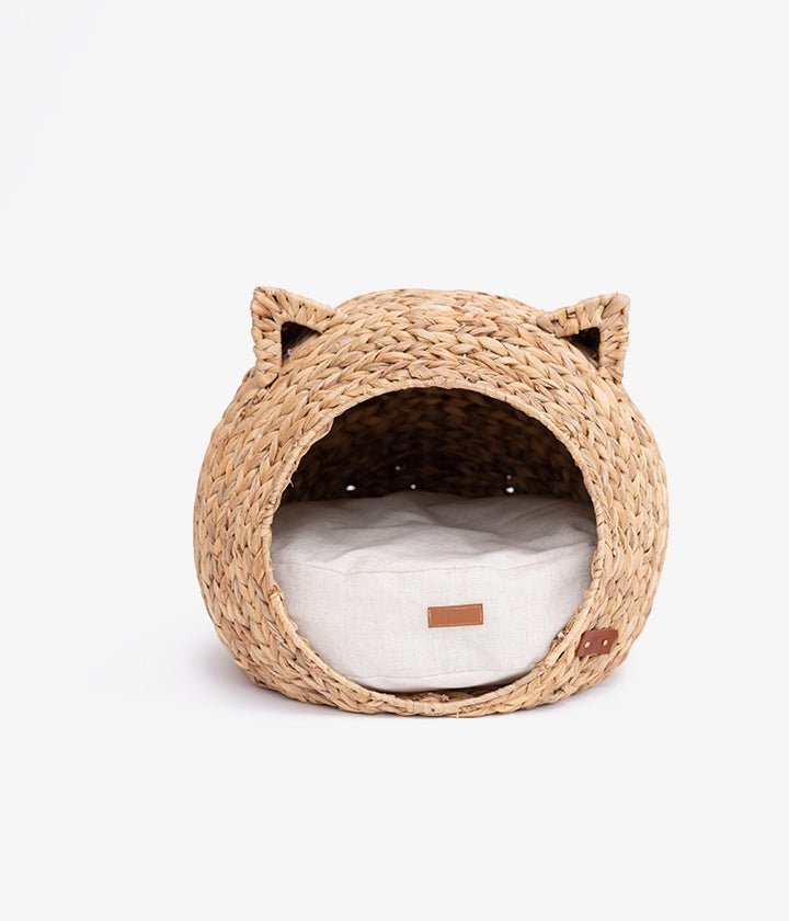 Lit niche tressé naturel pour chat avec oreilles et coussin doux