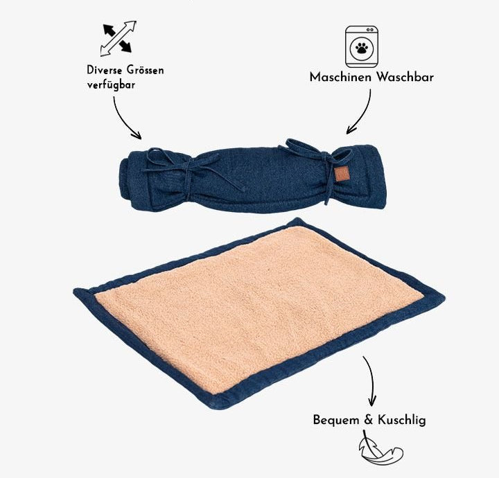 Blaue Reise-Hundematte aus Denim zum Aufrollen mit Teddyfutter