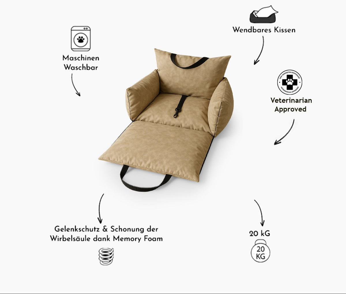 Sedile auto per cani in morbido cotone con memory foam e maniglie