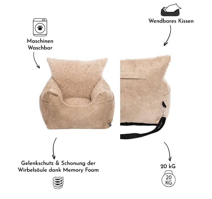 Seggiolino auto per cani in morbida ecopelliccia con imbottitura in memory foam