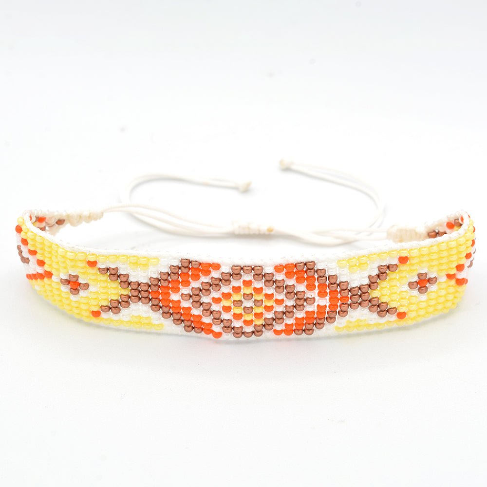 Yellow Geometric Beaded Bracelet with Orange and Copper Tone Accents