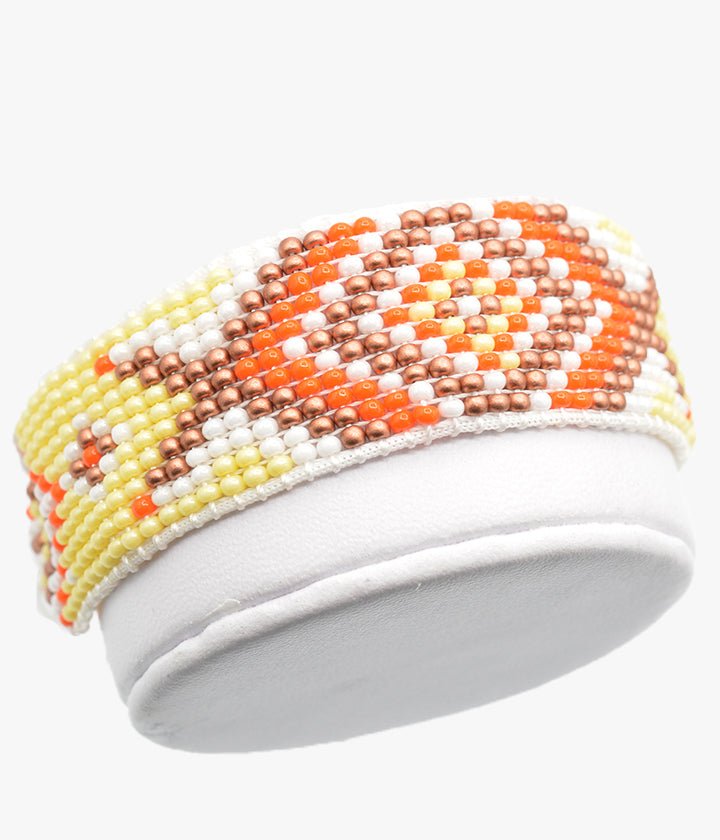 Yellow Geometric Beaded Bracelet with Orange and Copper Tone Accents