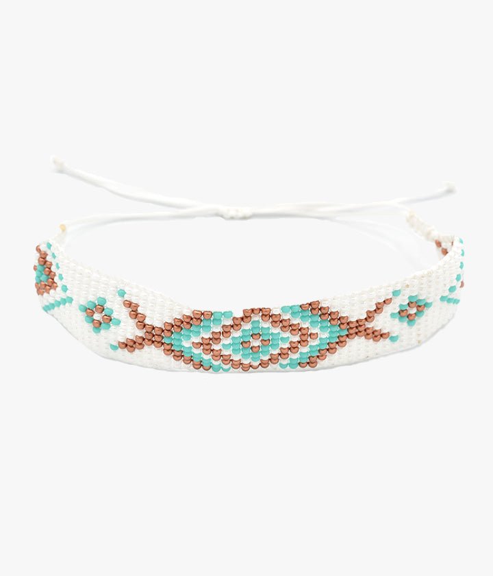 White Geometric Beaded Bracelet with Mint and Copper Tone Accents