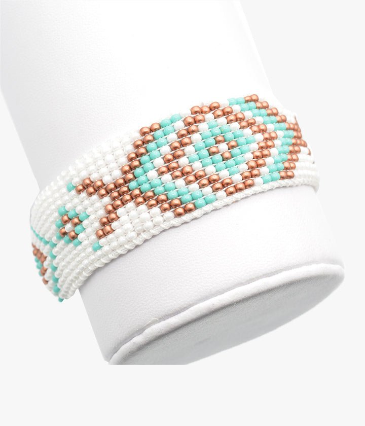 White Geometric Beaded Bracelet with Mint and Copper Tone Accents
