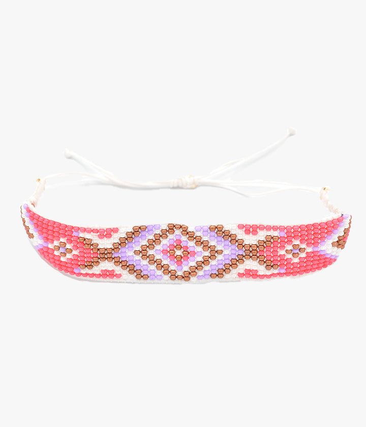 Pink Geometric Beaded Bracelet with Lilac and Copper Tone Accents