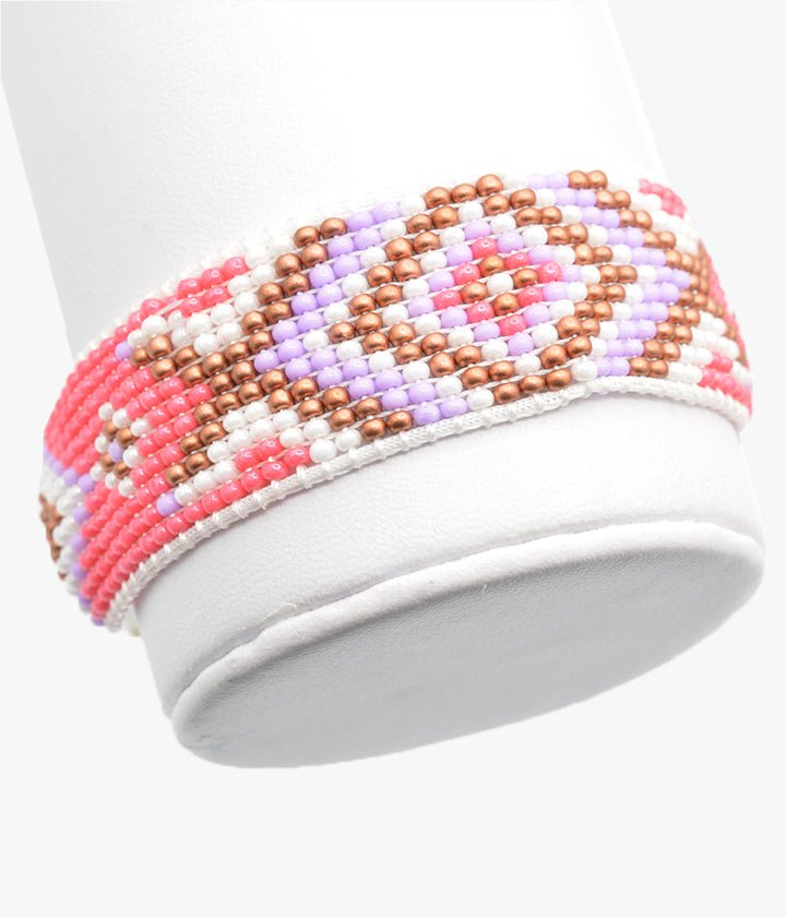 Pink Geometric Beaded Bracelet with Lilac and Copper Tone Accents