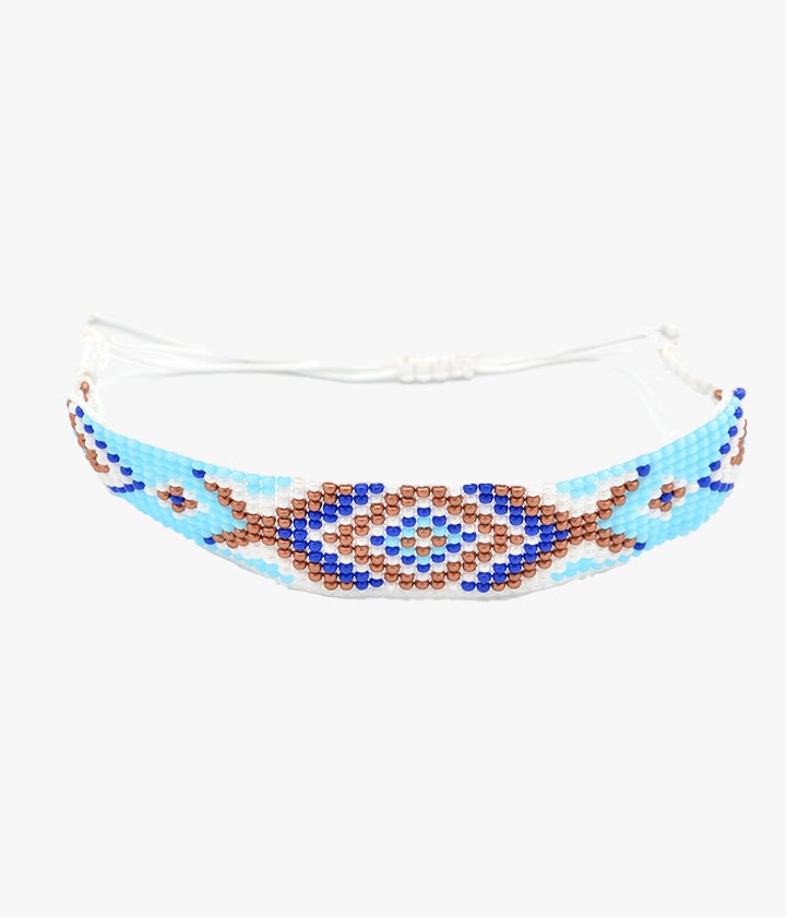 Blue Geometric Beaded Bracelet with White and Copper Tone Accents