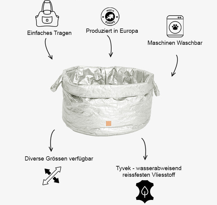Panier rond argenté pour chien avec doublure douce et poignées latérales